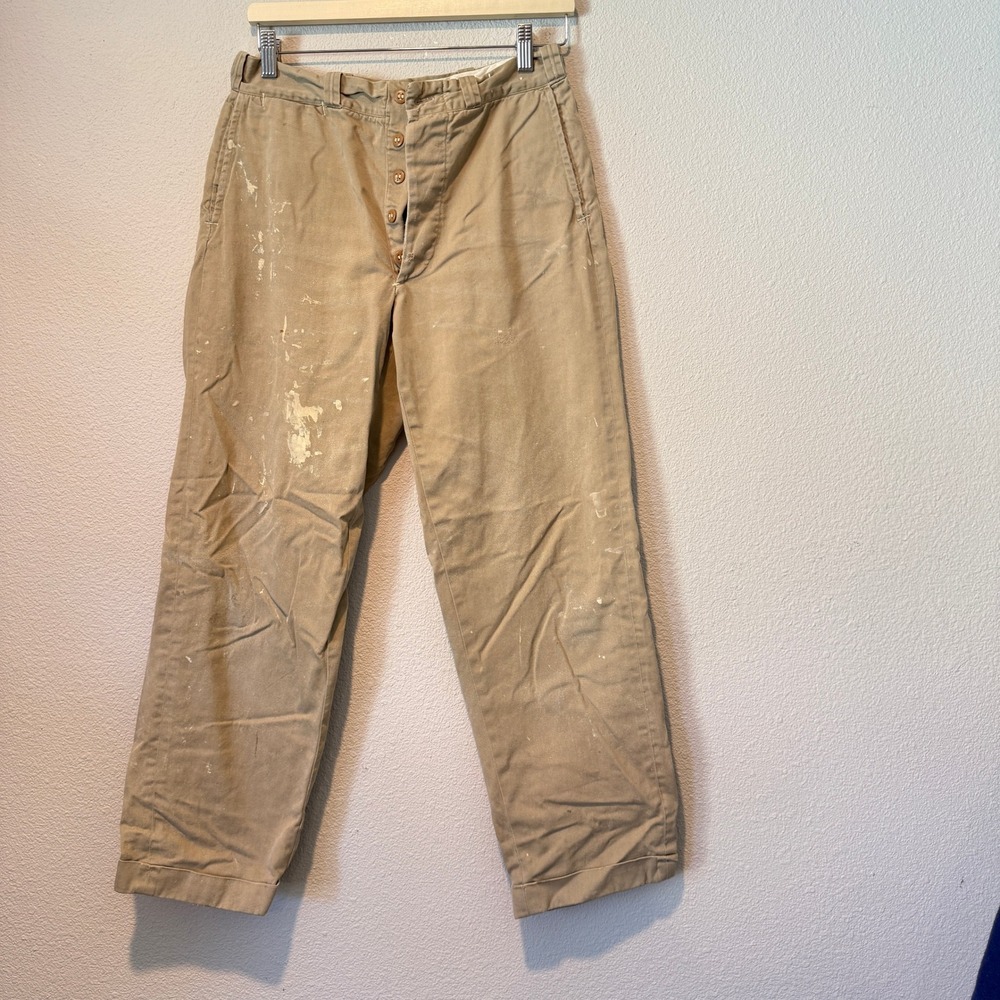 Vintage MCM Workwear Khaki Work Pants Paint Splatter Distressed Button Fly